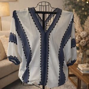 SHEIN Navy and White Scallop Trim Blouse
